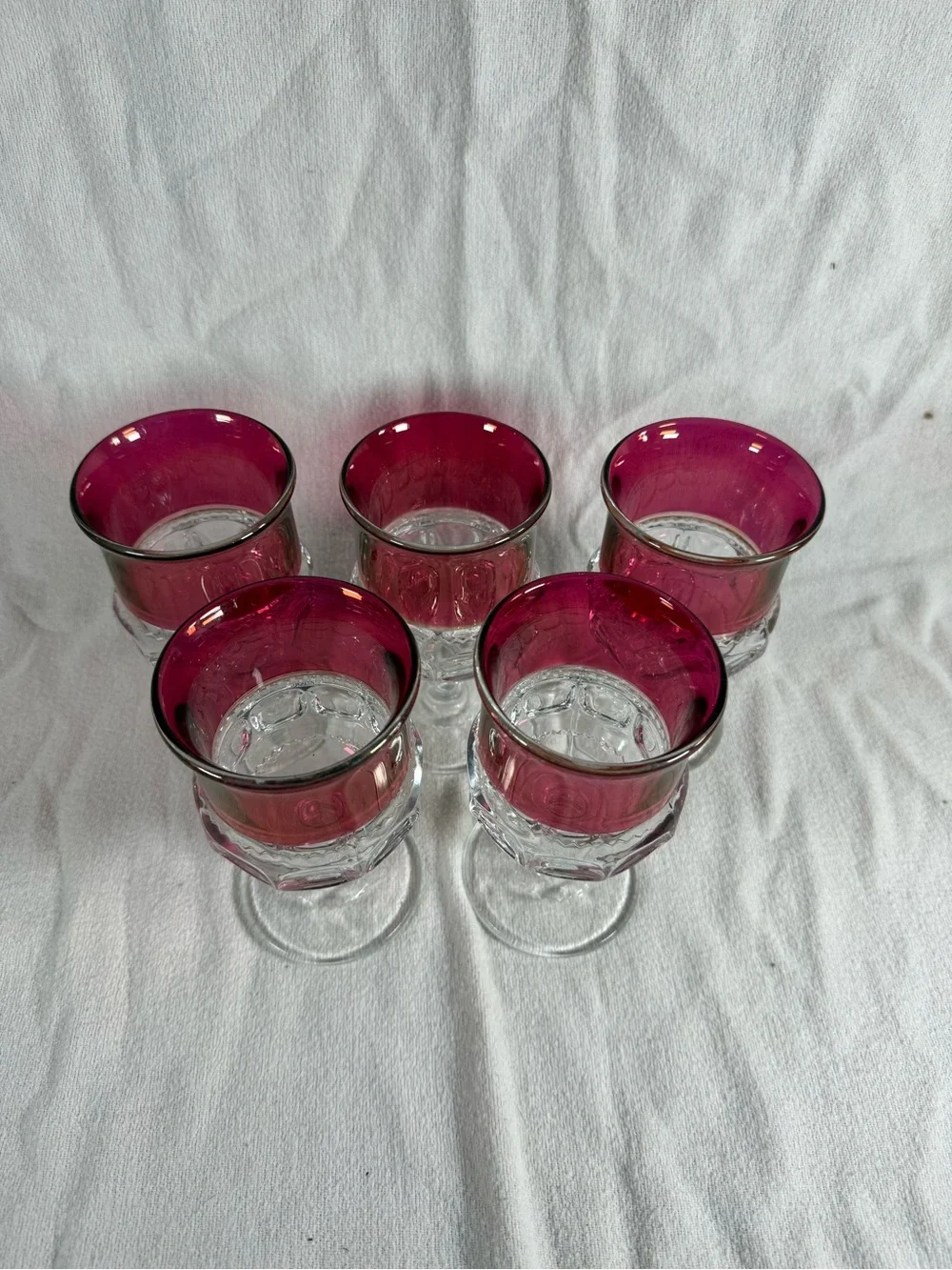 Vintage Set of 5 Tiffin Kings Crown Ruby Red Thumbprint Goblet Glasses